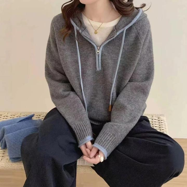 慵懒风软糯连帽针织打底衫女休闲百搭减龄洋气保暖毛衣女上衣内搭