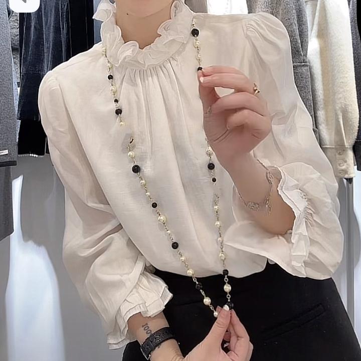 法式气质褶皱木耳边白色衬衫女2025春季新款时尚洋气休闲上衣衬衣