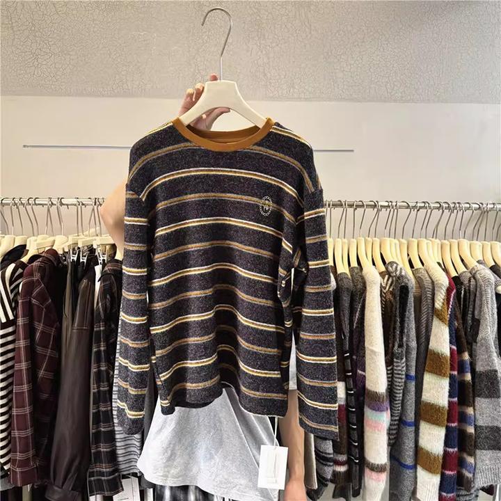 慵懒风复古圆领条纹风长袖内搭T恤女宽松秋冬通勤2025新款上衣服