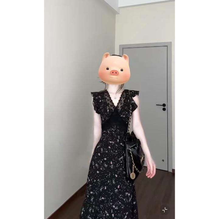 大码【优雅小性感】夏季V领碎花连衣裙法式高货蕾丝拼接显瘦长裙子