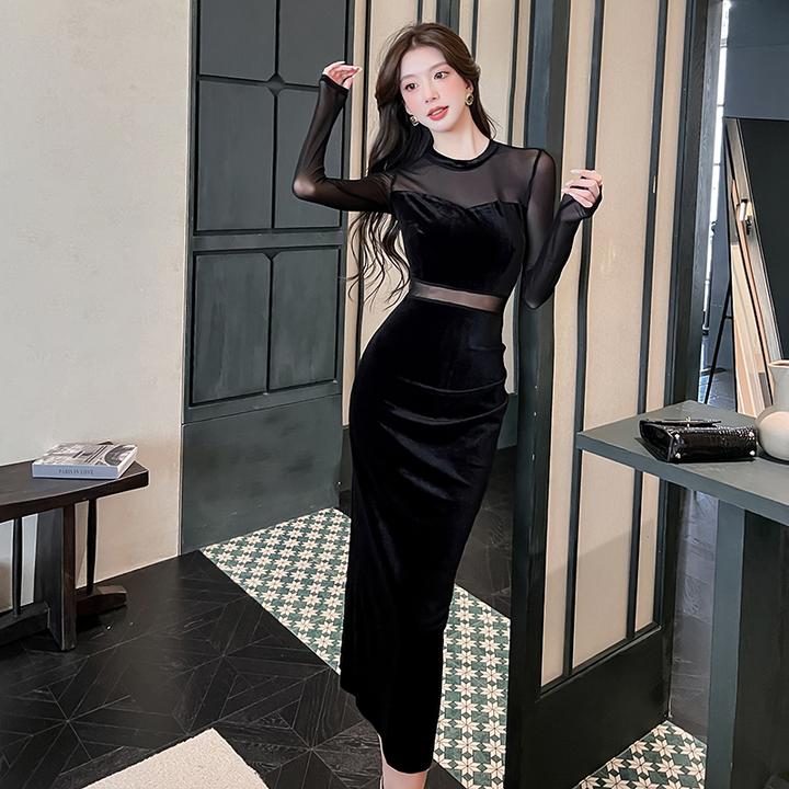 名媛辣妹网纱拼接透视长袖连衣裙2025新款修身显瘦镂空包臀长裙女