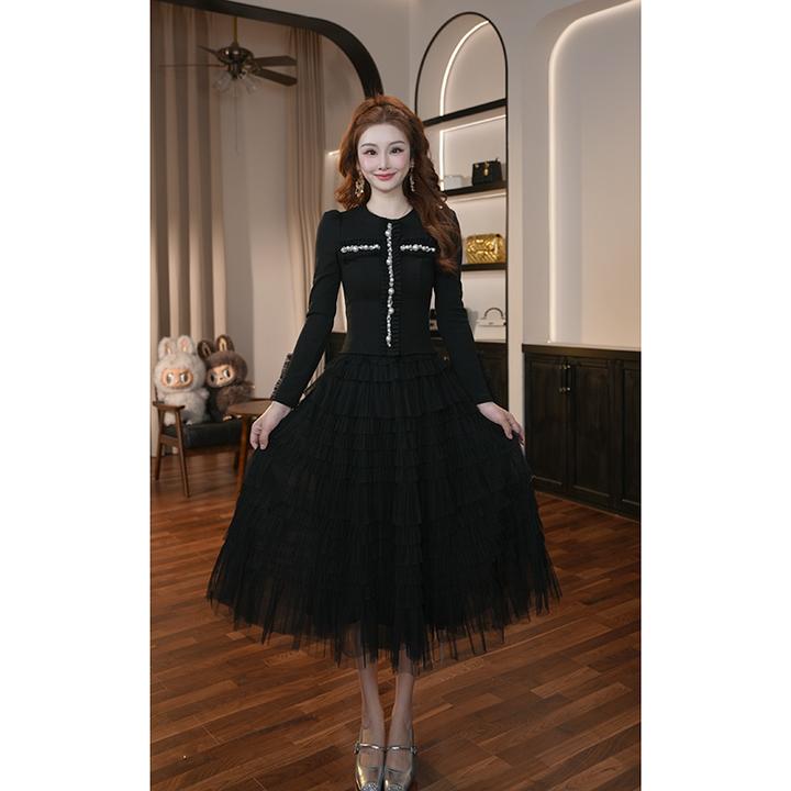 【晚晚定制】新款气质拼接修身名媛风长袖洋气蛋糕裙连衣裙65572