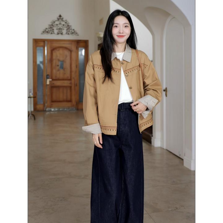 郭九九呢 纯棉美拉德设计感刺绣撞色外套阔腿牛仔裤 G924T14963