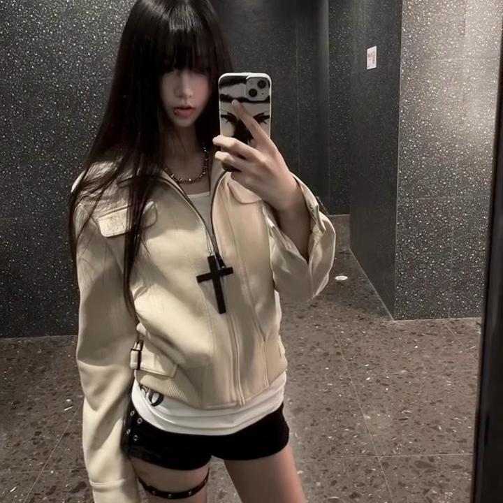 美式卡其色麂皮绒外套女春秋季新款独特设计感小众机车风夹克上衣