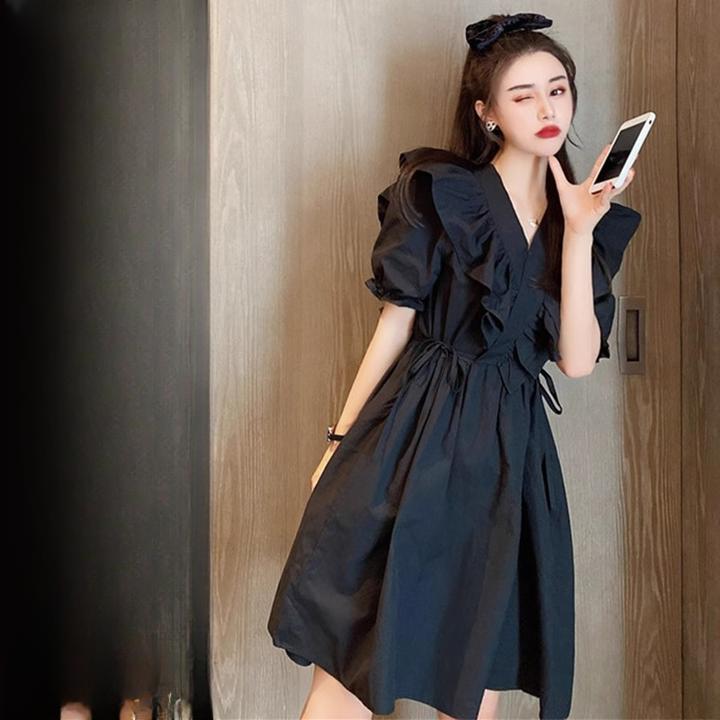 大码女装微胖mm法式设计感V领遮肚收腰显瘦连衣裙减龄2025夏新款
