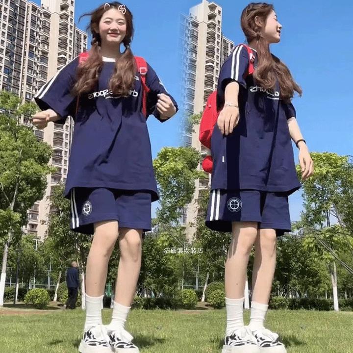 少女学院风大码短袖短裤两件套时尚潮牌15-17岁初中女生运动套装