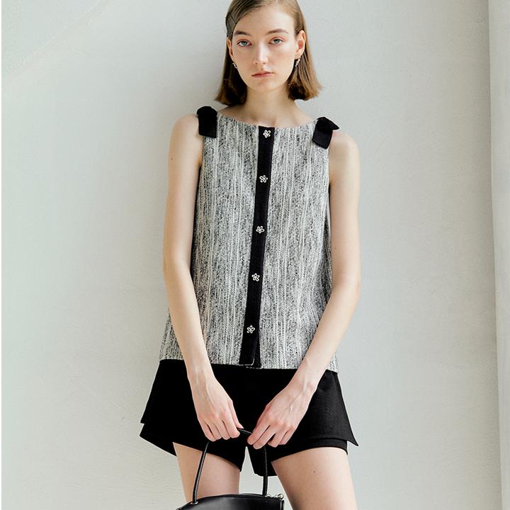 ForPoem 25/SS 原创设计前后两穿拼色蝴蝶结小香风无袖背心上衣