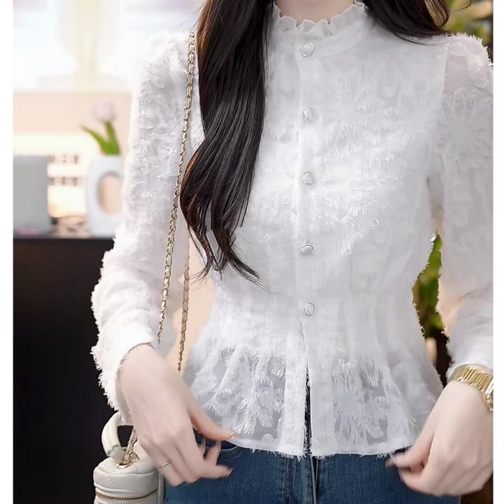 设计感法式立领蕾丝衬衫上衣女2025春季新款气质洋气时尚白色衬衣