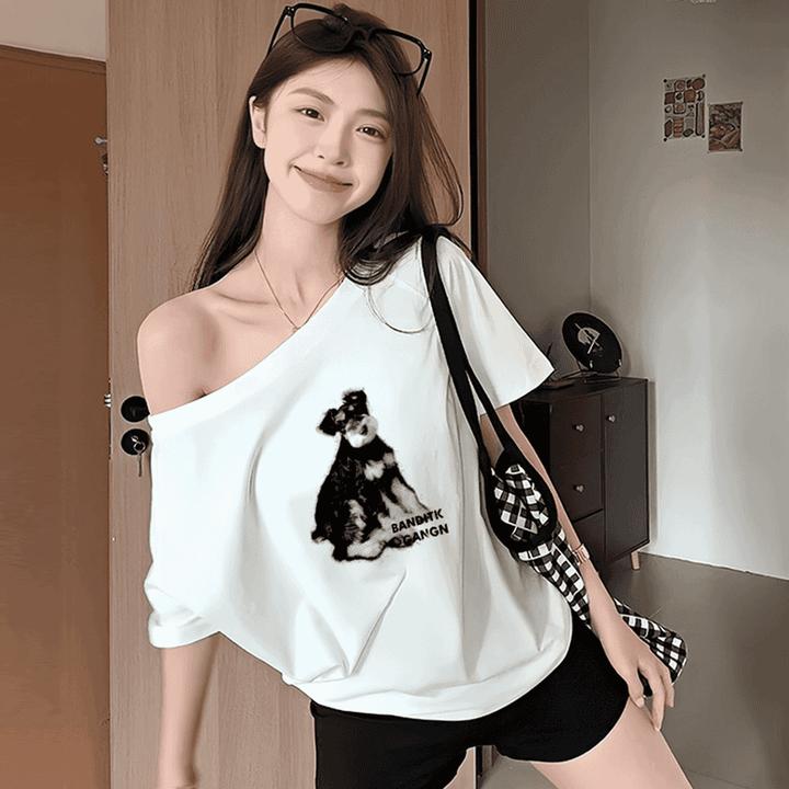 【现货+运费险补贴】白色斜肩t女短袖2025新款夏季宽松显瘦辣妹上衣