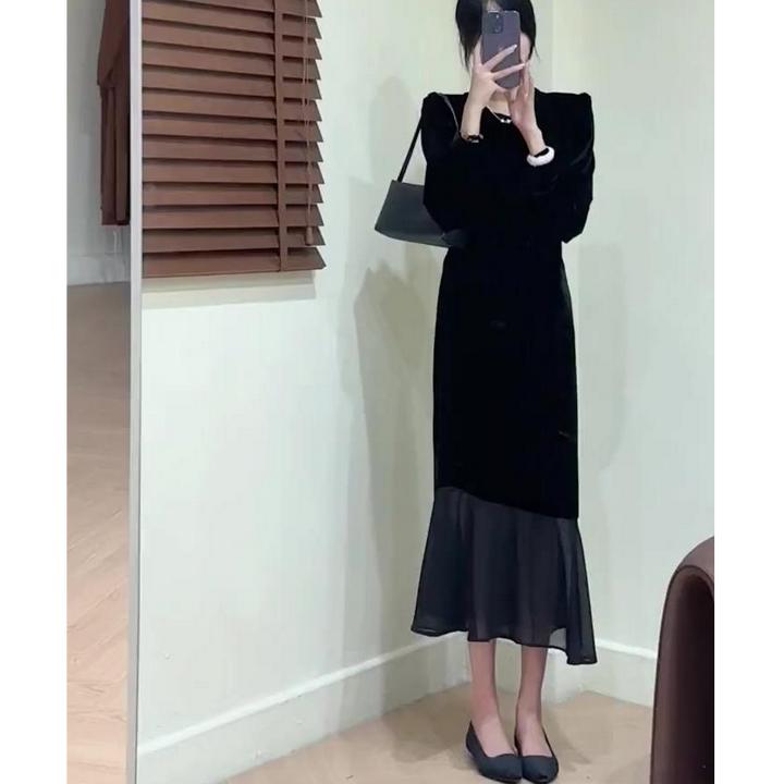 黑色丝绒连衣裙法式高端精致冷淡系独特别致裙子秋季礼服新款女款