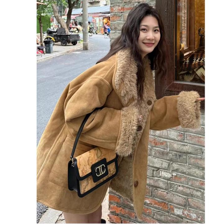 槿致冬新款两面穿羊羔毛外套女中长款皮毛一体机车服加厚保暖大衣