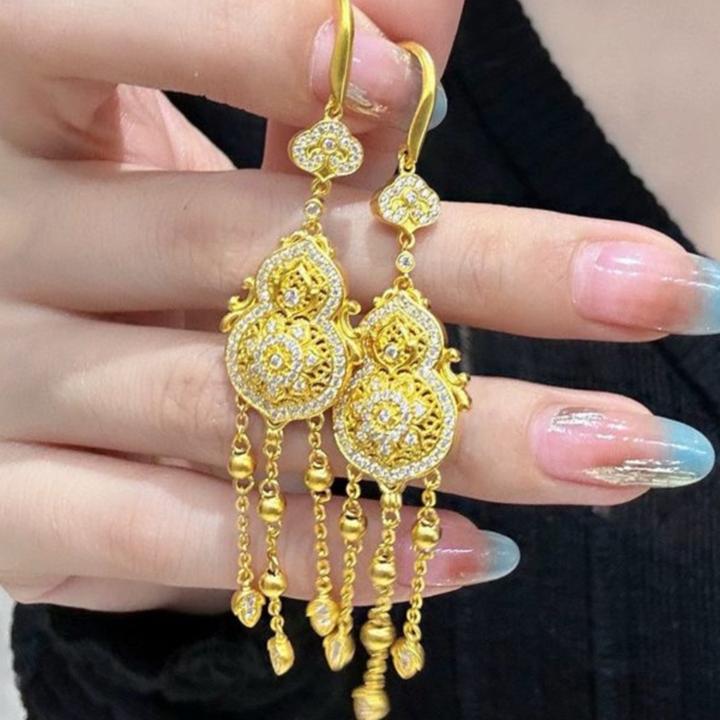 铜合金耳饰 古法人生四美福禄耳钩新中式金色耳环金色耳坠精致女.