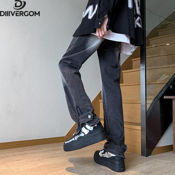 黑灰色水洗牛仔裤男春秋设计感修身直筒潮牌美式覆古高街vibe裤子