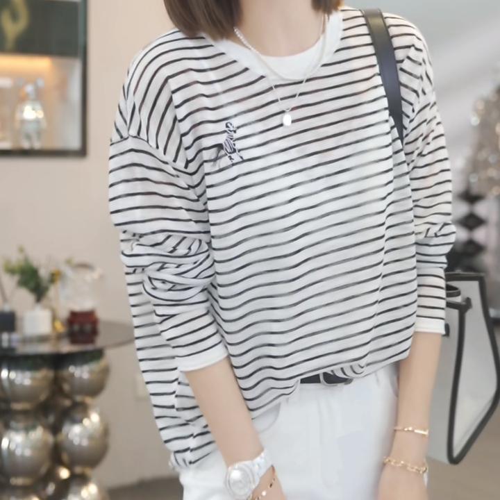 设计感撞色条纹防晒长袖针织衫2025春季新款时尚休闲气质圆领上衣
