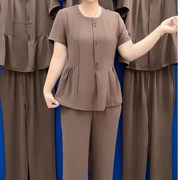 复古简约百搭休闲高级中年妈妈夏装两件套时尚潮流洋气气质女套装