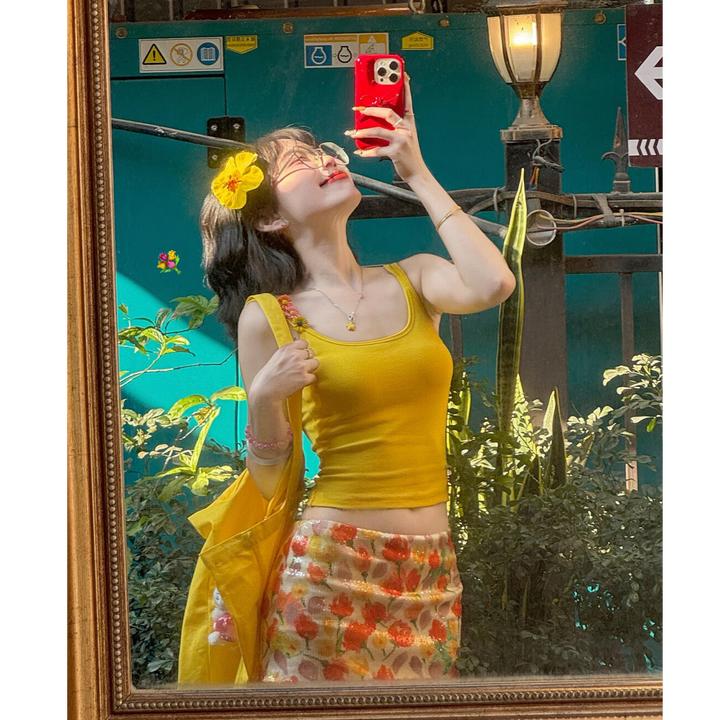 春夏新款美式复古撞色衬衫内搭辣妹吊带背心上衣显瘦半身裙套装女