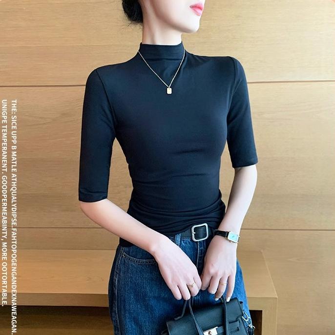 黑色中袖t恤女2025新款早秋打底衫内搭莫代尔半高领薄款百搭上衣