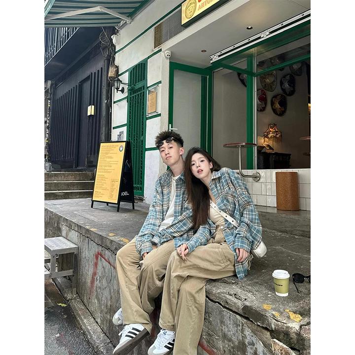 美式蓝色格纹长袖衬衫男春夏少年感穿搭情侣百搭休闲外套格子衬衣