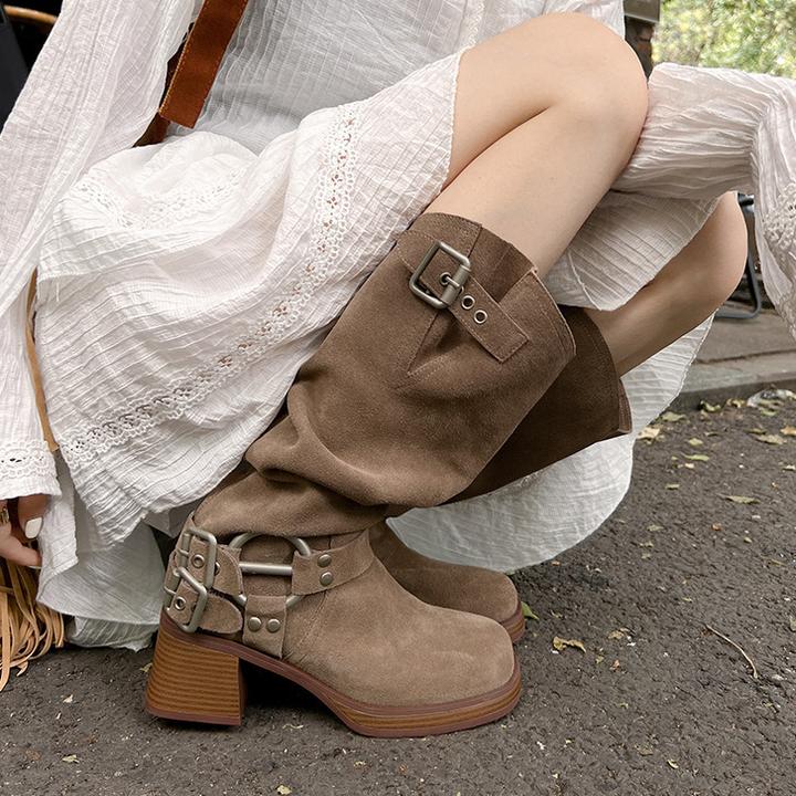 颜值在双~堆堆靴秋粗跟方头西部牛仔靴2025新款长筒靴磨砂皮长靴