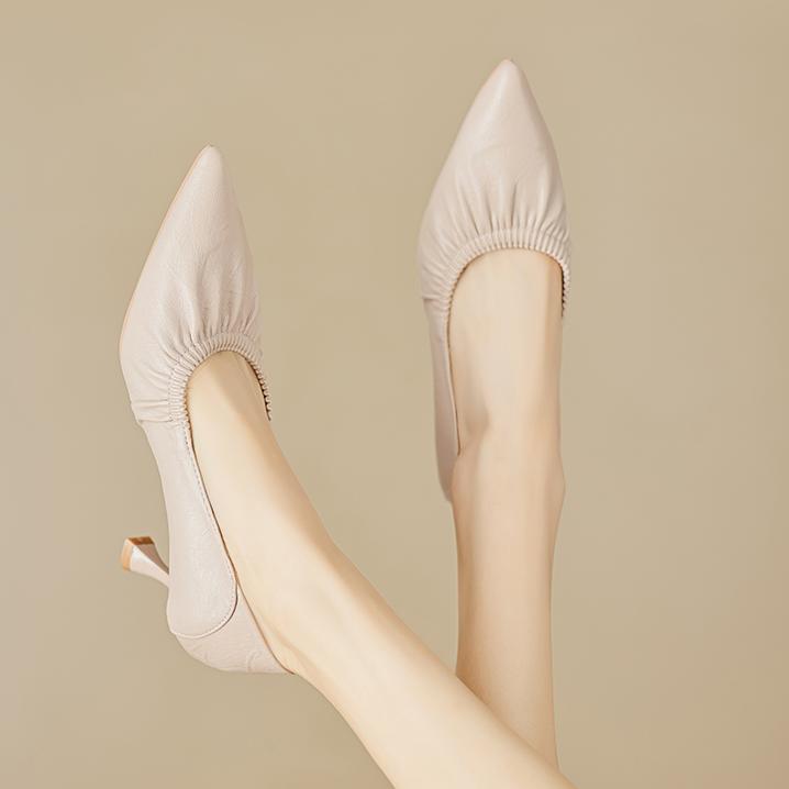 软羊皮尖头单鞋女细跟2025秋季新款高跟百搭软底浅口皮鞋真皮女鞋