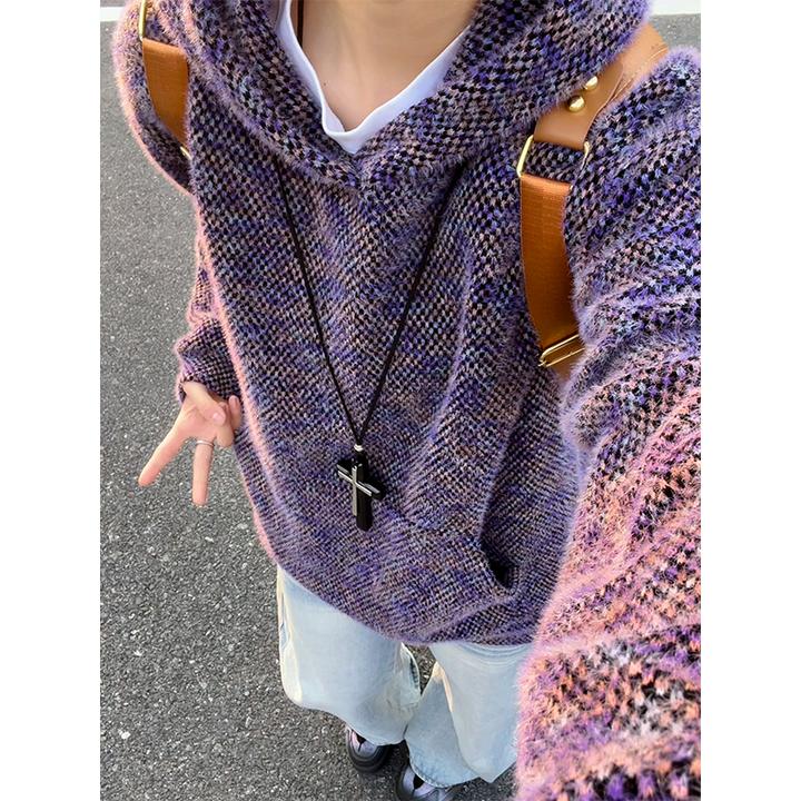 美式复古莫奈紫毛绒针织卫衣男女款秋冬连帽衫高级感宽松情侣外套