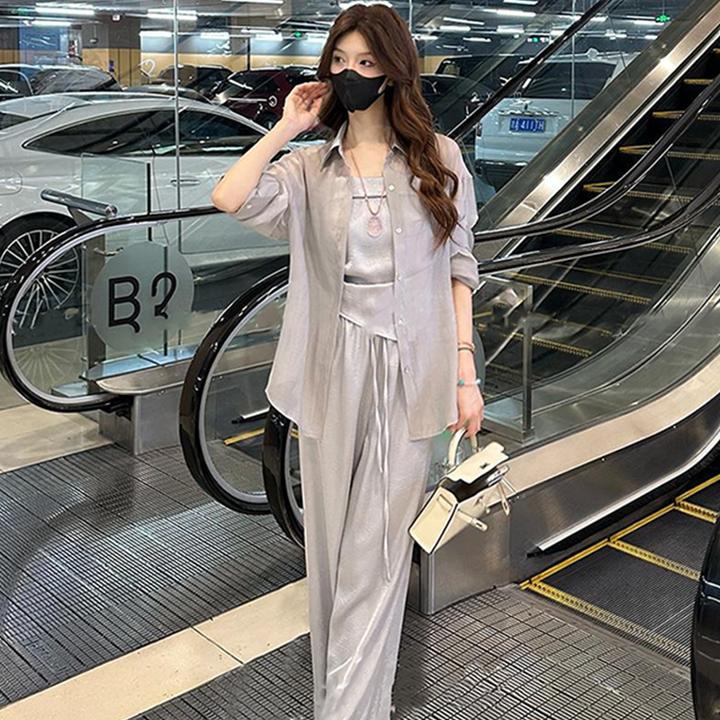 大码显瘦休闲套装2025夏季新款遮肉防晒衬衫吊带背心阔腿裤三件套