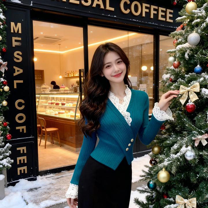 2025冬季小众设计感绝美独特漂亮小香风蕾丝拼接孔雀蓝针织上衣女