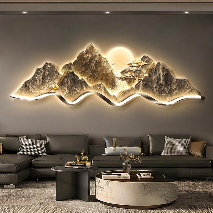 轻奢客厅装饰画背有靠山沙发背景墙挂画大气立体高级感山水壁灯画