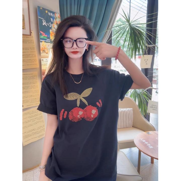 【樱桃魔方】纯棉宽松显瘦短袖印花圆领百搭上衣t恤女中长款夏休闲