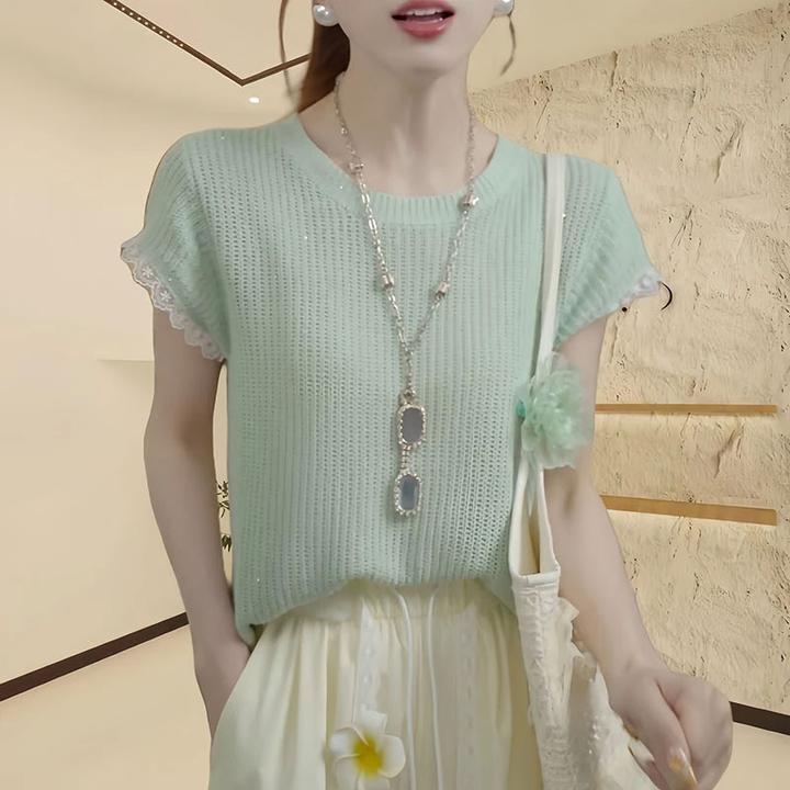 设计感拼接镂空蕾丝边短袖针织衫女2025夏季薄款多巴胺别致上衣女