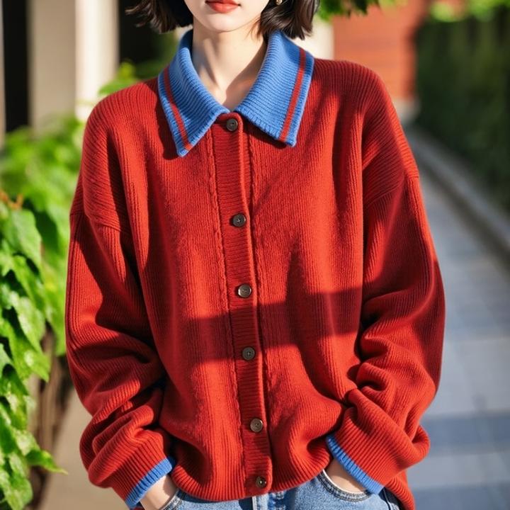 高级感红蓝撞色毛衣女秋冬新款复古宽松慵懒风时尚百搭针织上衣