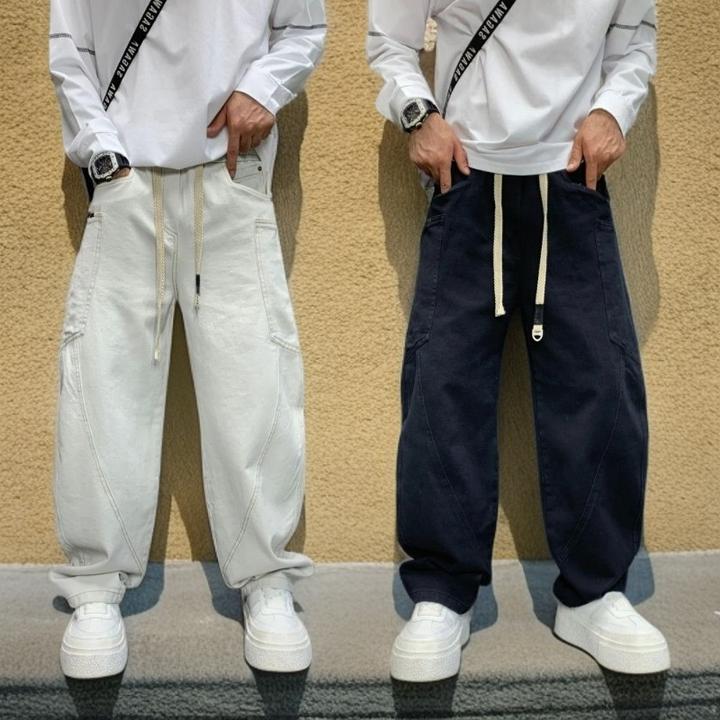 简约百搭宽松直筒哈伦牛仔裤秋季男款多口袋设计高品质网红爆款裤