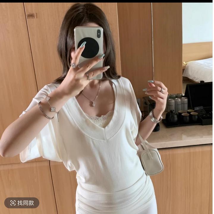 夏季气质慵懒风宽松V领纯色短袖T恤蝙蝠袖罩衫上衣+白色U领短袖.