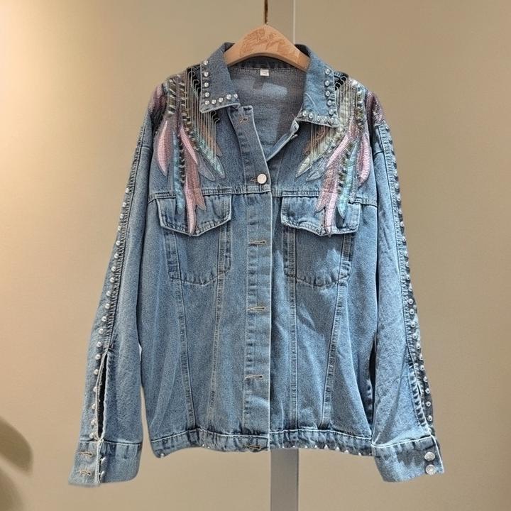 重工翅膀刺绣流苏牛仔外套女2025春秋新款宽松显瘦长袖百搭上衣潮
