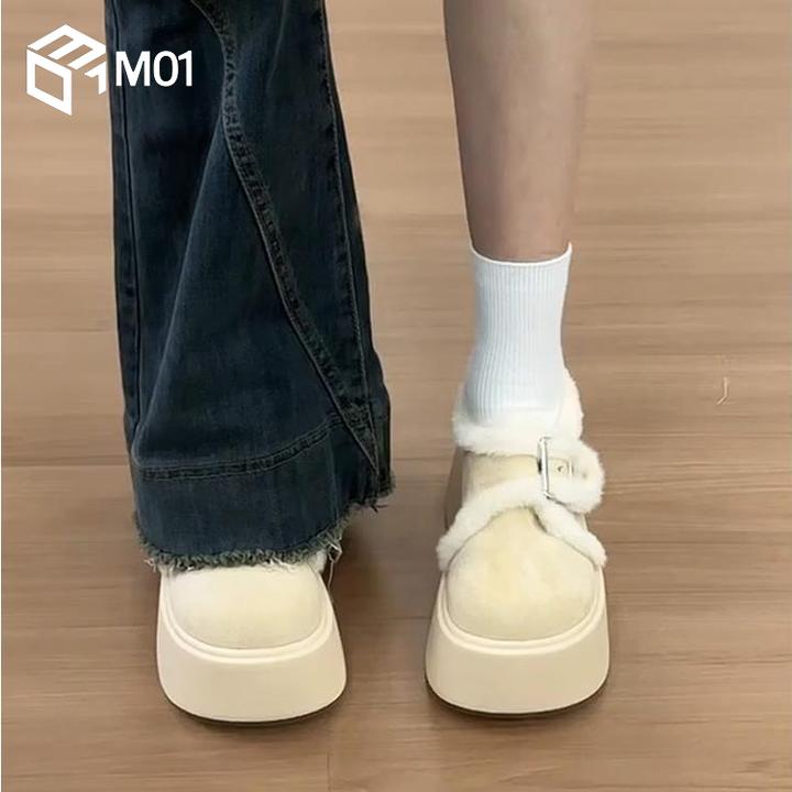 M01加绒松糕厚底勃肯棉鞋女冬季外穿新款小个子复古保暖毛毛鞋子