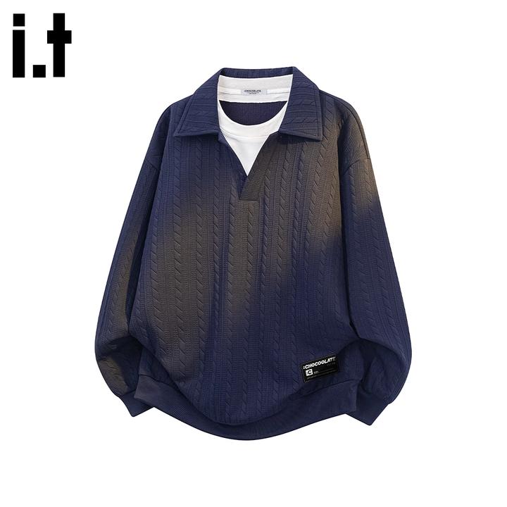 it :CHOCOOLATE美式假两件翻领卫衣男2025秋冬款潮牌宽松套头长袖