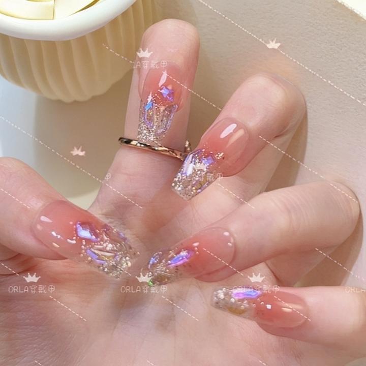 【温精灵】纯手工穿戴甲指尖超闪渐变显白指甲贴