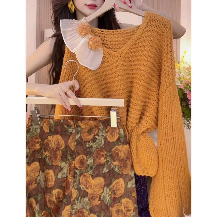 2025高级别致独特小众设计欧货休闲洋气橘色针织毛衣+印花半身裙