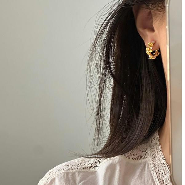 铜合金耳饰 轻奢黄金色鸢尾花繁花耳坠耳钉女金店同款新中式设计