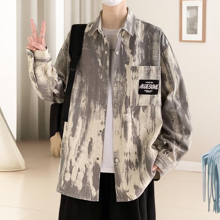 长袖衬衫男款春秋季痞帅扎染印花工装上衣服宽松休闲衬衣百搭外套