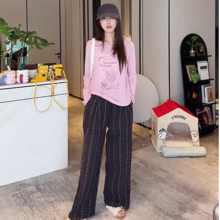 PCNY「粉韵花笺」不理理夏季新款小众女装柔软舒适百搭印花长袖T恤