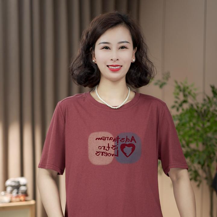 纯色大码印花T恤中老年字母半袖常规圆领短袖百搭