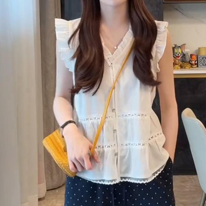 2025夏季新款韩系v领精致木耳边百搭显瘦小衫LK2504390