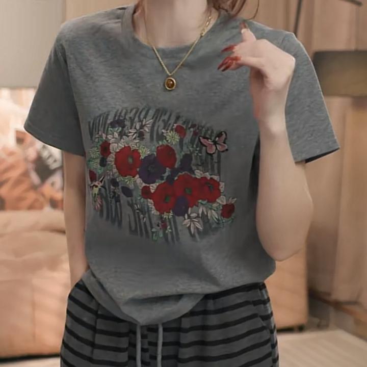 简约重工印花休闲短袖T恤女2025新款夏季时尚设计感气质圆领上衣