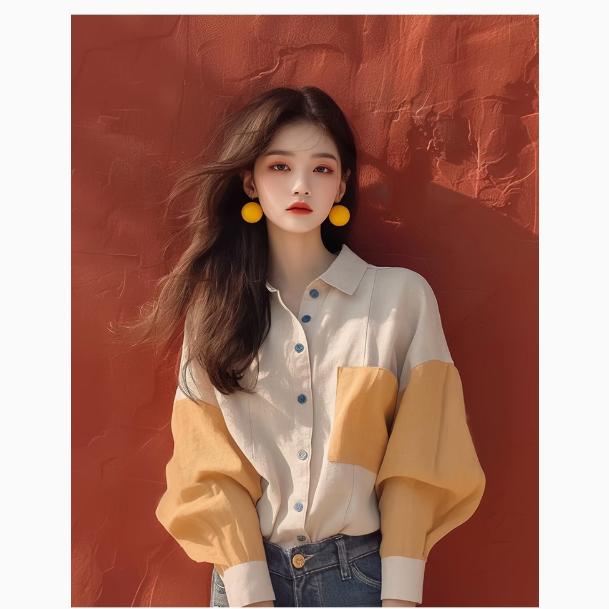 早春新款爆款衬衫小众独特别致洋气韩系温柔风杏色拼接长袖女