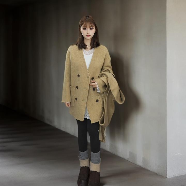 高级感短款斗篷围巾帽子羊毛大衣女2025秋冬新款小众设计毛呢外套