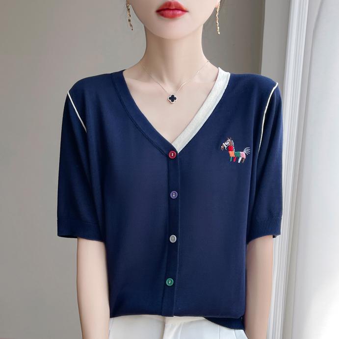 品牌女装正品夏季新款时尚V领设计感刺绣短袖透气针织开衫女
