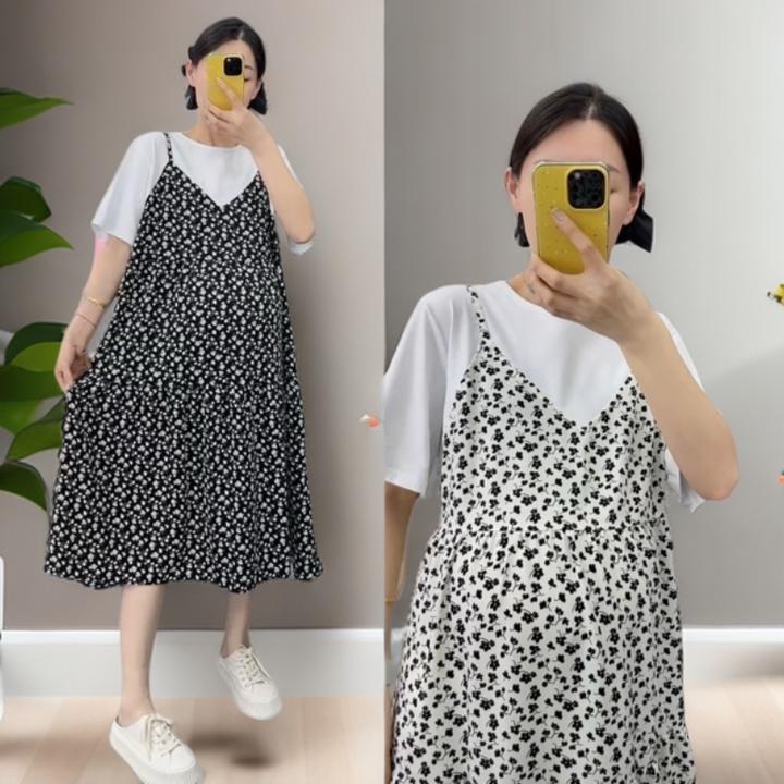 孕妇夏装连衣裙2025新款夏季碎花拼接假两件裙子中长款宽松遮肚女