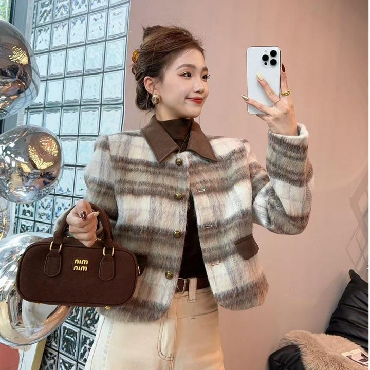 复古小香风格纹毛呢外套女短款小个子秋冬呢子撞色翻领上衣