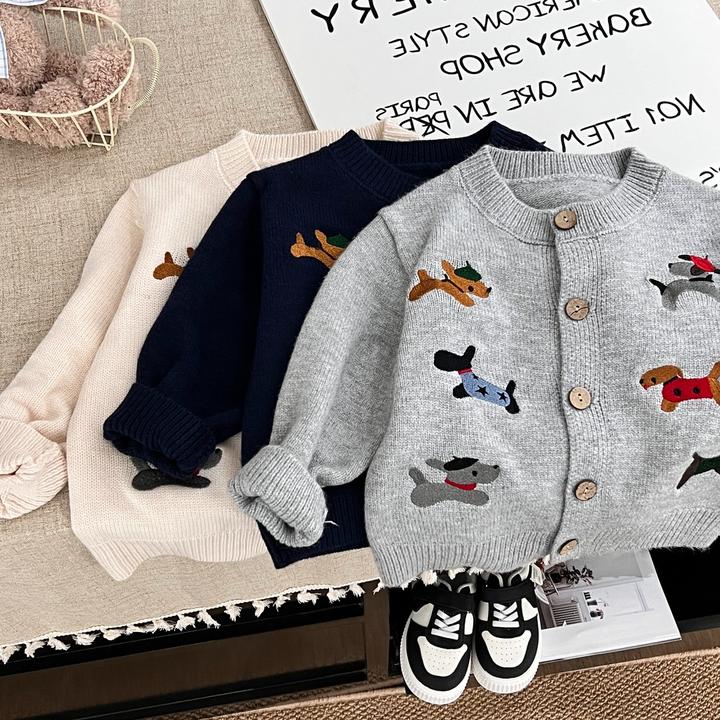 儿童洋气2025秋季新款小狗刺绣时尚潮流男童女童亲子针织衫毛衣